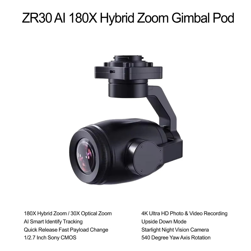 SIYI ZR30 4K 8MP 180X Hybrid 30X Optical Pod Zoom Gimbal Camera with AI Smart Identify and Tracking 1/2.7 Sony Sensor